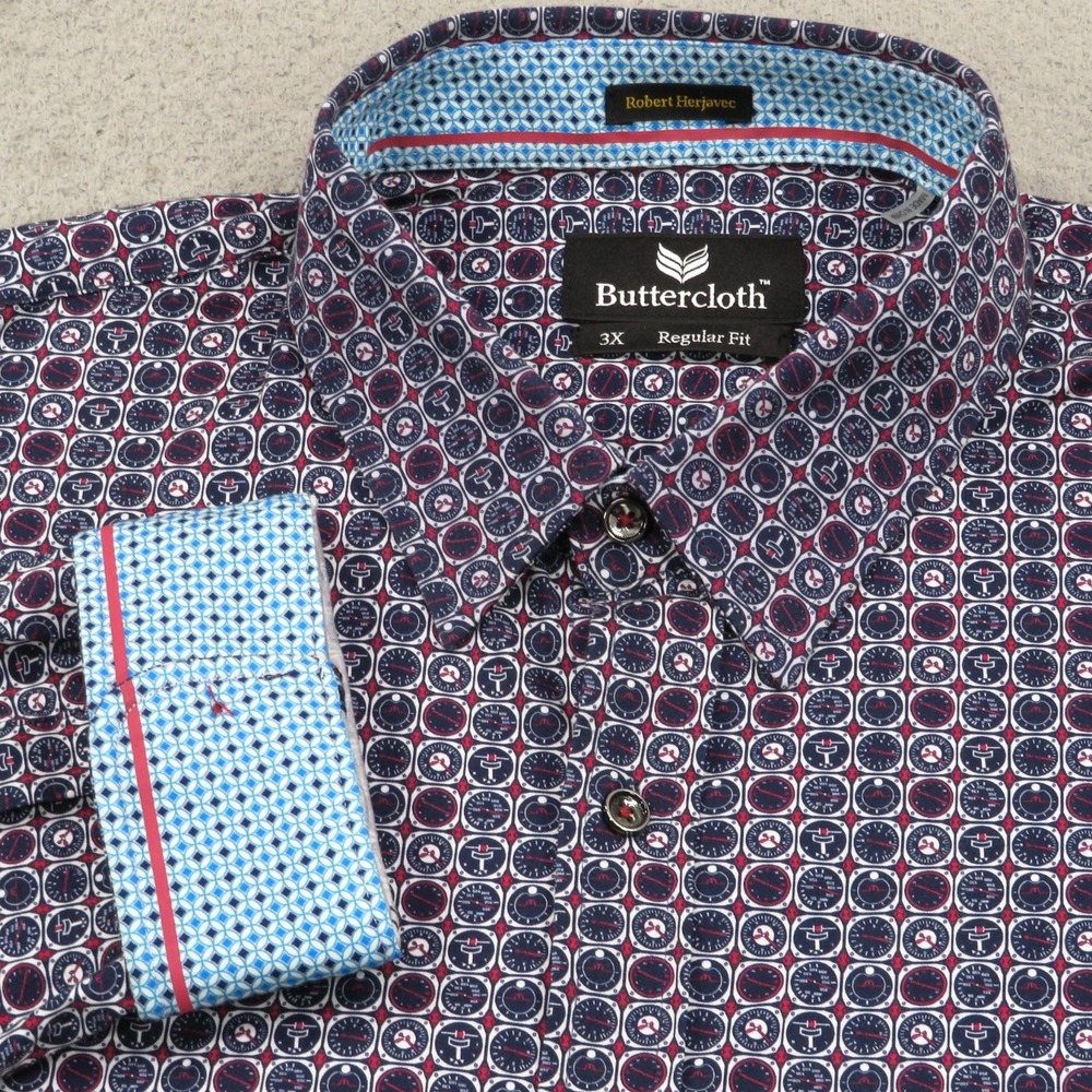 Buttercloth Mens 3XL Graphic Watch Print Stretch Cotton Button Up Shirt Blue